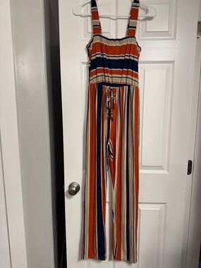 Caution To The Wind Striped Jumpsuit in Rust, Navy & Cream
